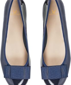 MOOMMO Women Low Chunky Heel Pumps Shoes Bows Round Closed Toe Slip On Block Heels Dress Sandals Cap Toe Bow Flats Shoes Two-Toned Ladies Girls Wedding Office School Elegant Comfort Spring 4-11 M US