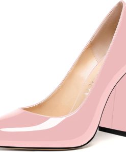 MODENCOCO Womens Patent Slip On Round Toe Night Club Sexy Party Block High Heel Pumps Dress Shoes 4 Inch