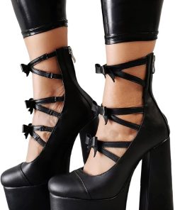 Frankie Hsu Lolita Goth Women's Large Size Bow Strap Pink Patent Leather Platform Chunky Block High Heels Ankle Heeled Boots Shoes
