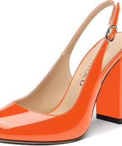 MODENCOCO Women's Patent Fashion Round Toe Buckle Slingback Sexy Wedding Block High Heel Pumps Shoes 4 Inch