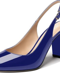 MODENCOCO Women's Solid Round Toe Buckle Patent Slingback Block High Heel Pumps Shoes 3.5 Inch