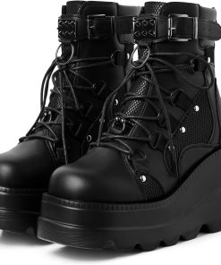 mikarka Holographic Platform Boots for Women, Lace Up Ankle Studded Buckle Goth Stacked Wedge Combat Ankle Boots